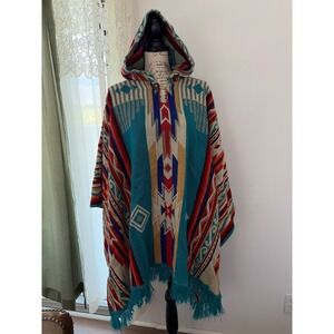 Hooded Poncho Unisex OS Multicolor Indigenous Southwest Woven Native Design